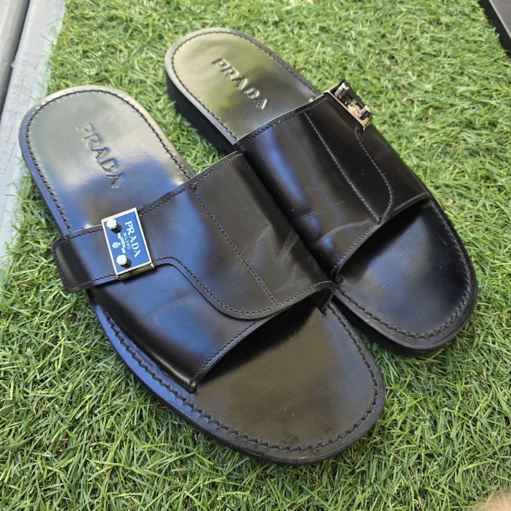 Prada Men's Black Leather Slide Sandals